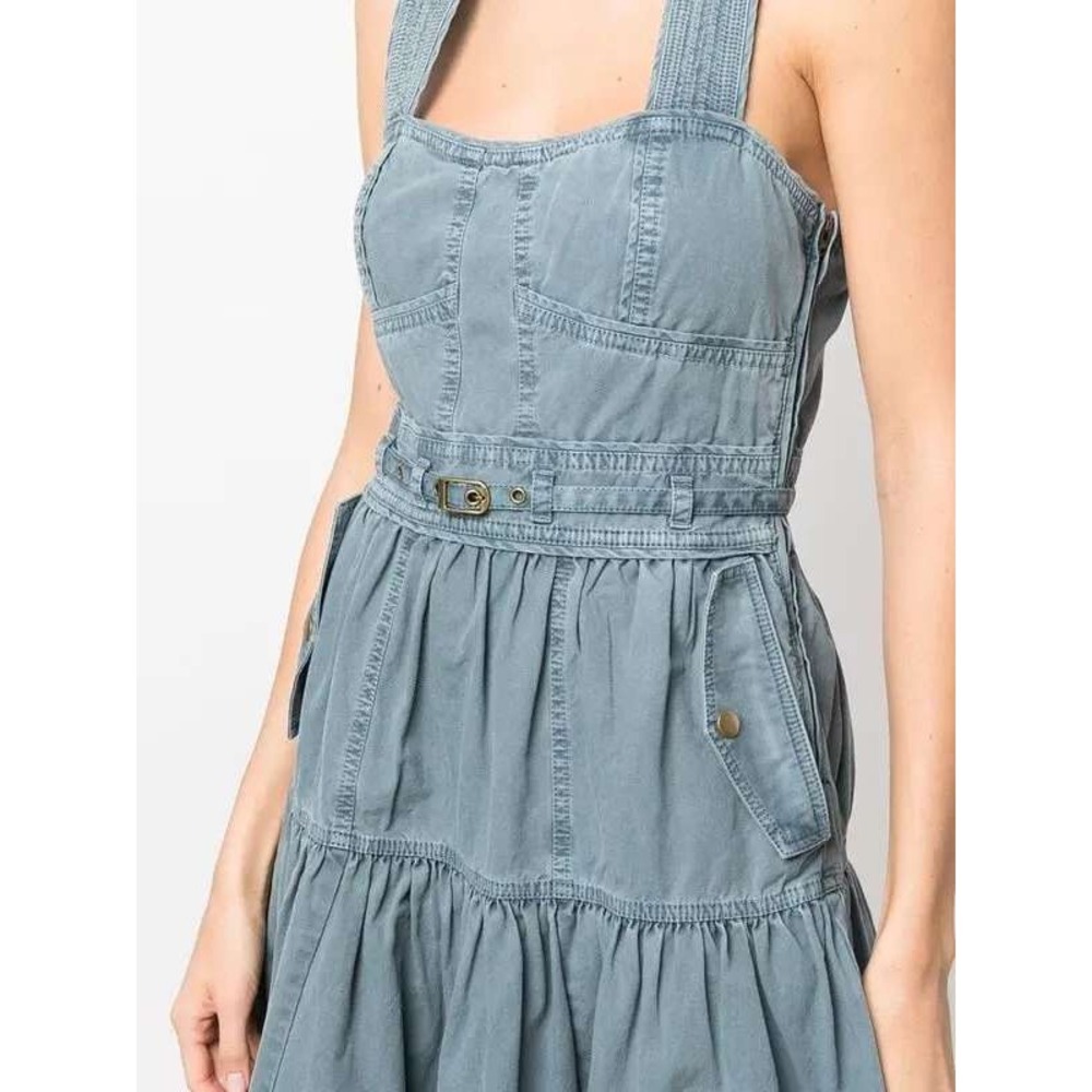 Ulla Johnson Enzo Denim Dress Blue Cotton Tiered Midi Sweetheart Neck Size 4 - Picture 13 of 15